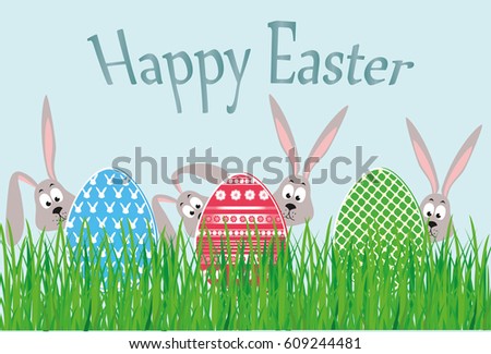 Easter Rabbits with ears hid behind the grass and decorative colorful eggs. Greeting card for the holiday. Free space for text.