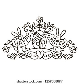 Easter Rabbits, Easter egg, Happy Easter card, Floral design isolated on white background. Antistress coloring page