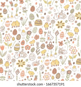 Easter rabbits, eggs, baby chickens hand drawn doodle vector pattern seamless
