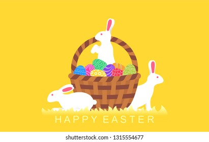 Easter rabbits with easter eggs in basket design greeting card