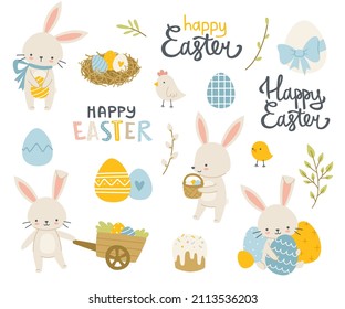 Easter rabbits with eggs an calligraphy cartoon set. Easter decoration bundle with bunny, plants, lettering, chicken, cake. 