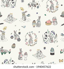 Easter rabbits, eggs, flowers seamless vector patten