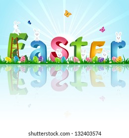 Easter rabbits and eggs in a grass against letters, illustration.