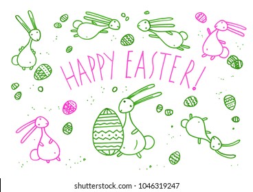 
Easter rabbits and eggs hand drawn with with a green and pink felt-tip pens doodles set
