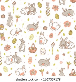 Easter rabbits, eggs hand drawn doodle vector pattern seamless
