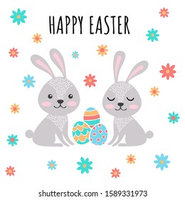 Easter rabbits with eggs. Happy Easter greeting card. Cute bunnies vector illustration.
