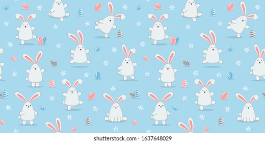 Easter rabbits with eggs on blue background. Seamless pattern with happy bunny. Illustration can be used for holiday design, children's clothing or things design, backgrounds, wrapper, wallpaper, card