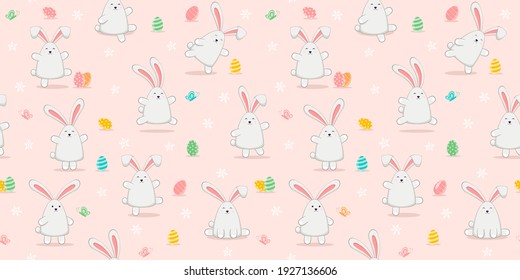 Easter rabbits with eggs on pink background. Seamless pattern with happy bunny. Illustration can be used for holiday design, children's clothing or things design, backgrounds, wrapper, wallpaper, card