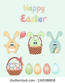 Easter rabbits and eggs set. Funny bunny, colorful eggs Easter illustration. Holiday cartoon animals.