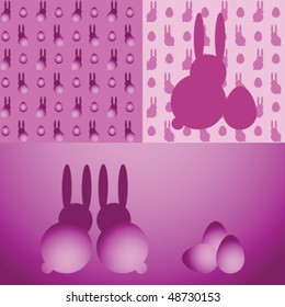 Easter rabbits and eggs. A set of seamless textures and frames.