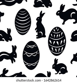 Easter rabbits, eggs vector seamless pattern on white background. Concept for print, textile, cards , wallpaper, wrapping paper 