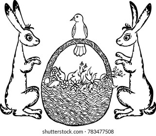 Easter rabbits with a flowers basket