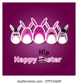 Easter rabbits. Happy Easter card template. Cute hipster bunnies isolated on a purple background. 