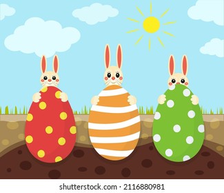 Easter rabbits harvesting eggs, a funny Easter card, bunnies pulling giant Easter eggs out of the ground, a sunny Easter day