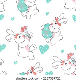 Easter rabbits with hearts and eggs in Easter seamless pattern. Decorative spring repeatable background for easter holiday prints, vector doodle illustration on white backdrop.