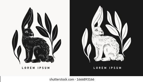 Easter rabbits isolated vector illustration set in linocut style. Vintage stamp design of a bunny for print. Use for your creative graphic design projects, lithographs, postcards, tattoos.