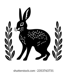 Easter rabbits isolated vector illustration set in linocut style. 