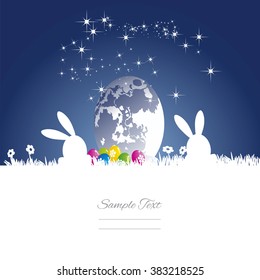 Easter rabbits moon egg blue white background