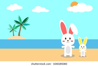 Easter Rabbits on Summer Beach, Easter Bunny, Summer Beach, Flat Design, Vector Illustration