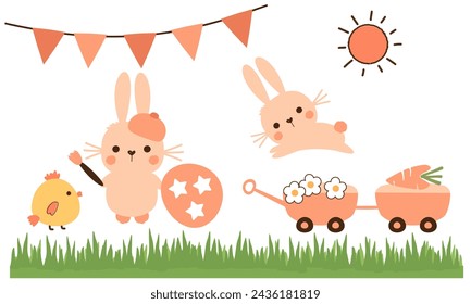 Easter rabbits, paint set, sun, flag, green grass and  daisy cart isolated on white background vector.