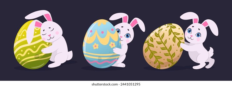 Easter rabbits with painted eggs. Cartoon cute bunnies hugging traditional Easter colored eggs flat vector illustration set. Spring holiday easter bunny collection