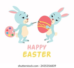 Easter rabbits painted eggs vector cartoon card illustration