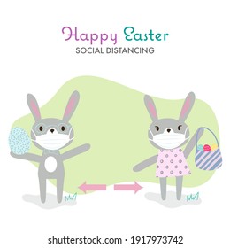 Easter rabbits in protective face mask. Easter celebration during the coronavirus pandemic. Social Distancing Quarantine. Social Distancing keeping distance for infection risk and disease. Stay safe.