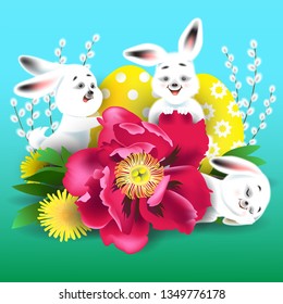 Easter rabbits and red peony in the background of Easter eggs, willow twigs and dandelion. 