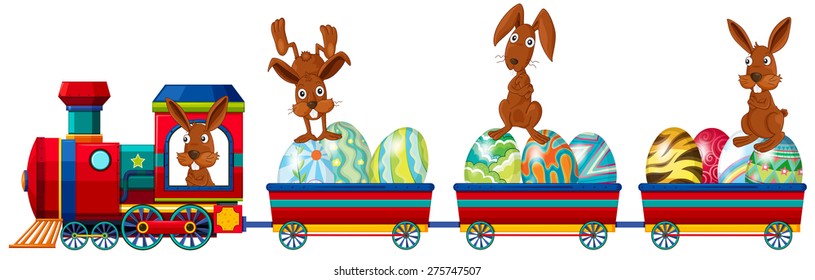 Easter rabbits riding on a train with easter eggs