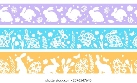 Easter rabbits seamless borders. Cute bunny dividers, Easter eggs and flowers frame borders flat vector illustration set. Little bunny endless designs