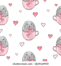 Easter rabbits seamless pattern. Vector background with cute watercolor bunnies in cups