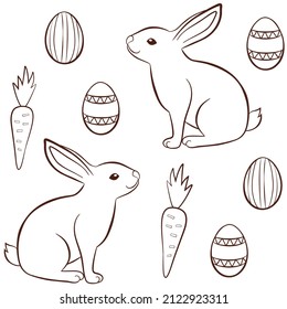 Easter rabbits seamless pattern, vector illustration with bunnies, eggs and carrots, paschal rabbits print in outline style, hares line art