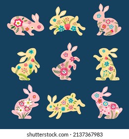 Easter rabbits. Silhouettes of animals bunnies with botanical decoration flowers and chocolate eggs recent spring selebration vector templates