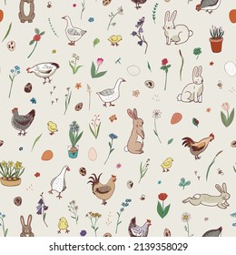 Osterkaninchen, Frühling, Huhn, Blumen, Gänse, Eier - nahtlose Vektormuster