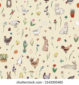 Conejos de Pascua, primavera, pollo, flores, ganso, huevos sin costura vectorial