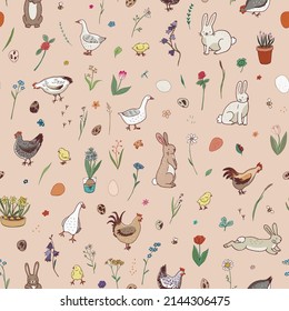 Easter rabbits, spring, chicken, flowers, goose, eggs seamless vector pattern