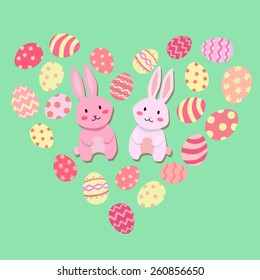 Easter rabbits are surrounded by easter eggs with valentine theme.