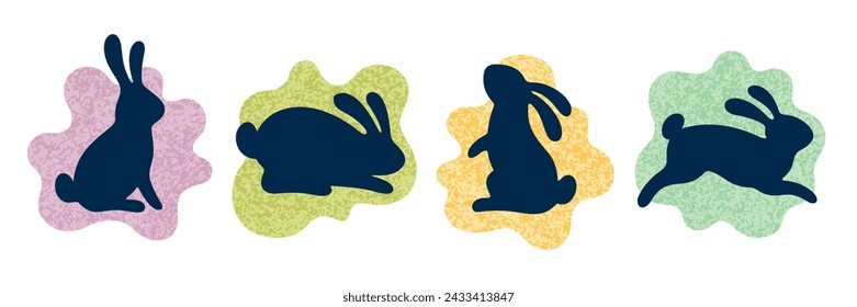 Easter rabbits. Vector bunny silhouette for Easter. Cute animals on watercolor blob shapes. Cartoon icons on white background. Y2k rabbit with long funny ears. Spring happy hare set. Trendy bunny icon