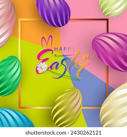 Easter rainbow design with striped eggs and square frame.