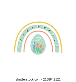 Easter rainbow easter floral egg. Decorative floral easter graphic design element isolated. Spring flowers, happy easter hand drawn card. Cartoon vector illustration. Garden flowers honey bee.