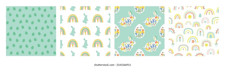 Easter rainbow rabbit bunny shape pattern set. Vector Happy easter eggs print carrot seamless background collection.