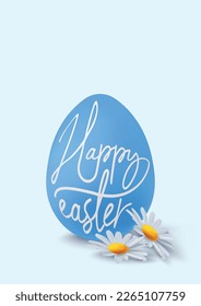 Easter realistic 3d banner. Easter template with white calligraphic Happy Easter lettering on blue egg and daisies. Vector illustration for website, invitation, sale, discount, coupon, social media.