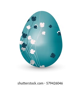 Easter realistic blue egg with flowers pattern isolated vector element. Vector illustration