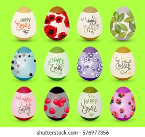 Easter realistic colorful eggs set with different patterns fill and wishes. Vector illustration