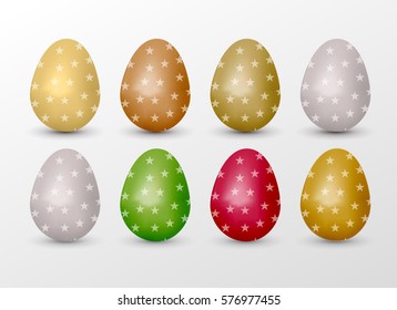 Easter realistic colorful eggs set with small stars fill. Vector illustration