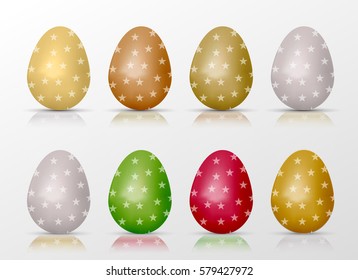 Easter realistic colorful eggs set with star fill and reflections. Vector illustration