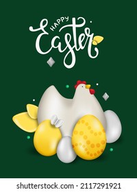 Ilustración realista de Pascua con huevos y pollo. Un cartel de diseño festivo, un banner web y una postal de moda. Ilustración del vector