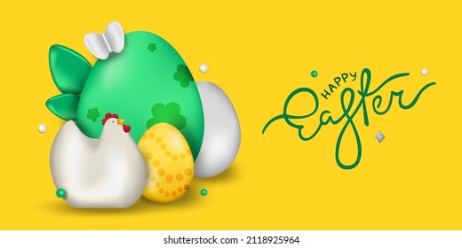 Easter realistic illustration with eggs and chicken. A festive stylish poster, a web banner, a fashionable postcard. Vector illustration