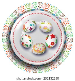 Easter. Realistic plate with eggs. Floral elements in Russian traditional style. Vector.
