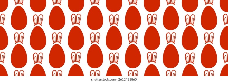 Easter. Rectangular background with seamless pattern with red eggs and doodle style bunny ears. Flat vector illustrations for holiday celebration.